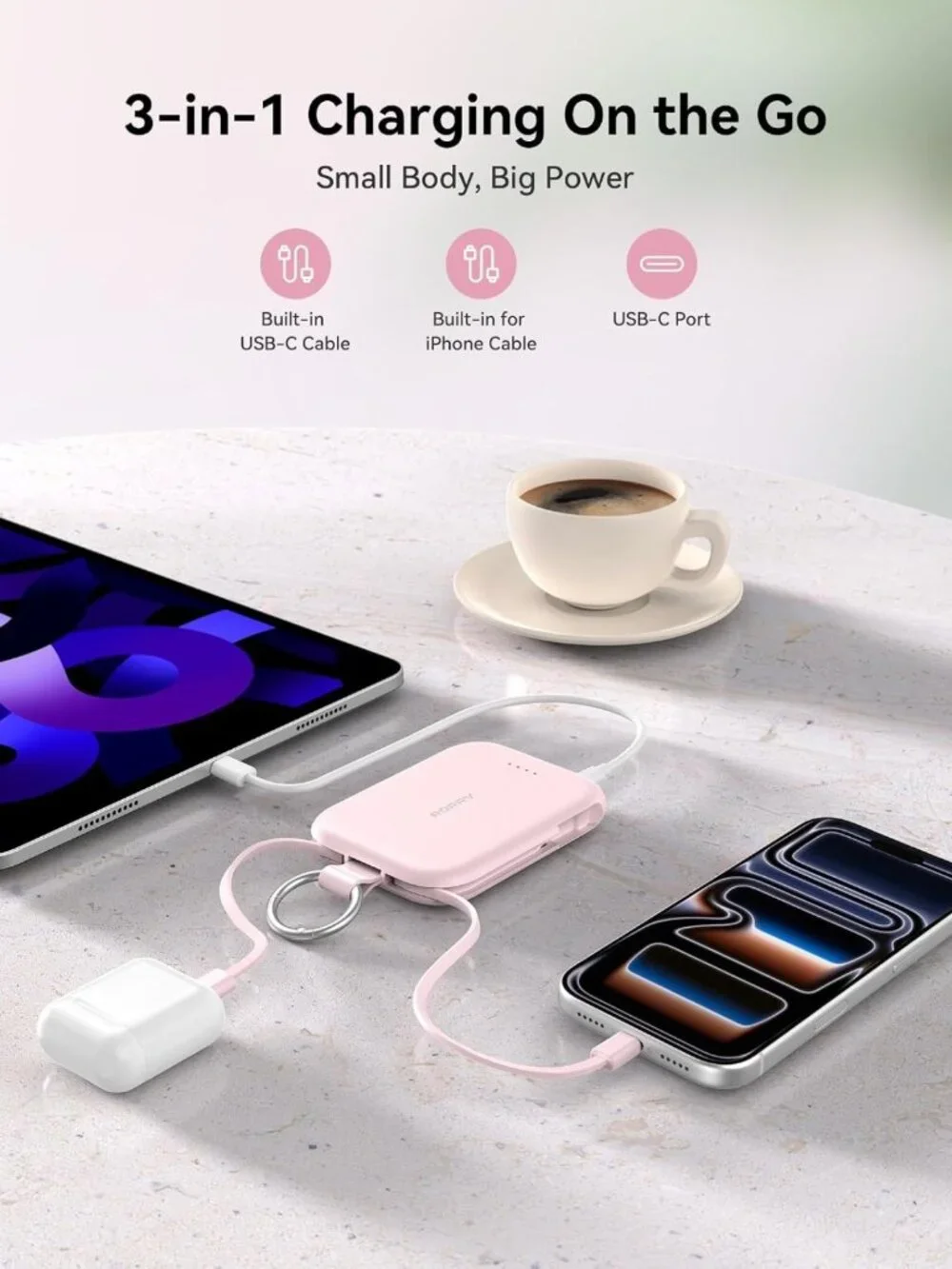 5000mAh Portable Charger Power Bank with Built-in Cables - Compact